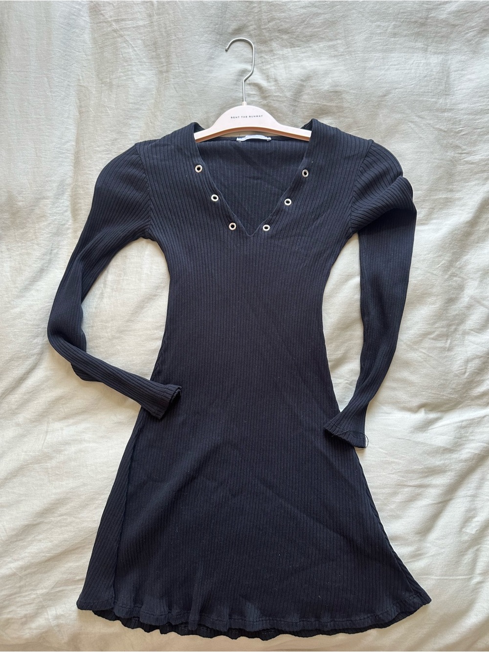 Zara Black Ribbed Long-Sleeve V-Neck Dress